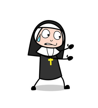 Cartoon Nun Hand-Gesture with Sweat on Face Vector