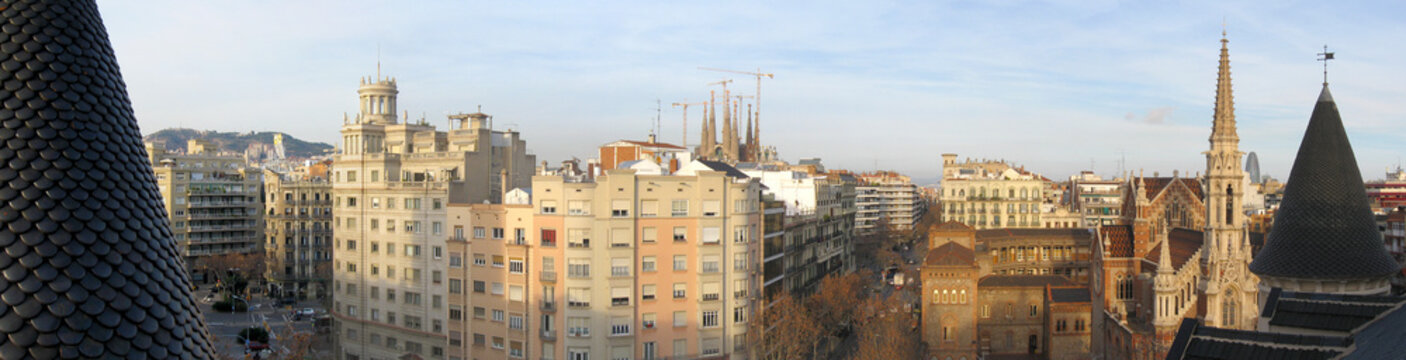 Aerial panorama image of Barcelona, Spain.