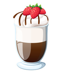 Vector illustration of Cocktail Irish Coffee mug of hot latte drink with creamy foam, cocktail of layered cappuccino coffee with liquor, logo with brown title irish coffee, glass cup of espresso
