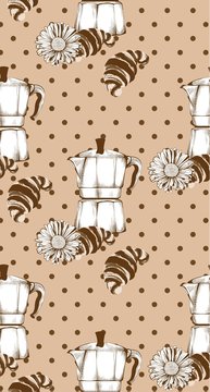 Coffee kettle and croissant vintage retro pattern Vector