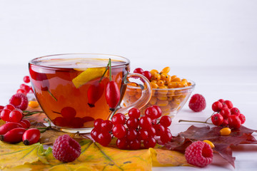 Autumn healthy beverages concept. Cup of tea with autumn berries sea buckthorn,  viburnum, rose hip, rowan and fall leaves. Drink with vitamin c