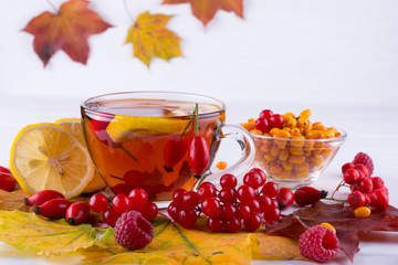 Illness concept: Cup of tea with autumn berries sea buckthorn,  viburnum, rose hip, rowan and fall leaves. Drink with vitamin c