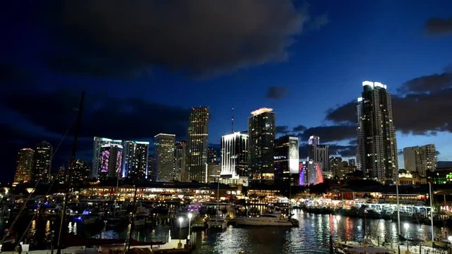 Miami night skyline time lapse.