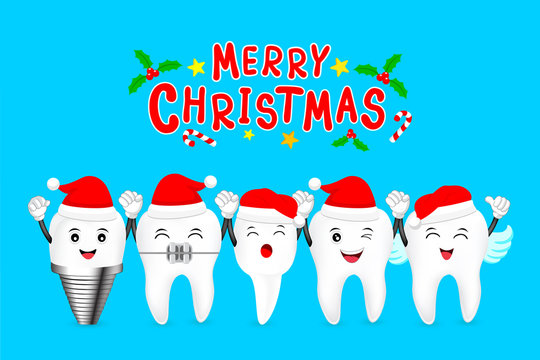 Happy cute cartoon tooth characters with Santa hat. Dental care concept. Merry Christmas and happy new year, Illustration on blue background.