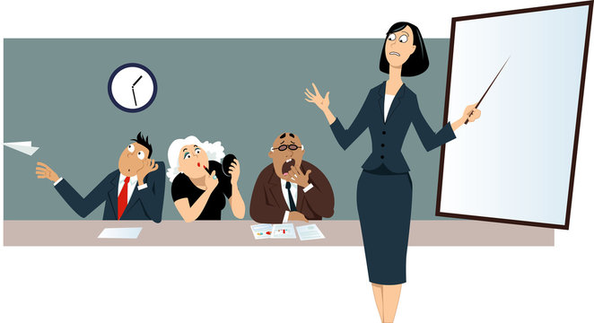 Businesswoman giving a presentation in front of a bored distracted colleagues, EPS 8 vector illustration 