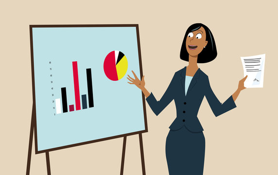 Businesswoman giving a presentation using a board, EPS 8 vector illustration 
