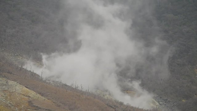 Hakone ropeway scenery mountain with smoke, Japan.