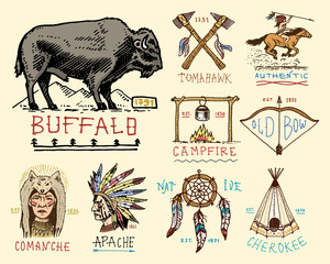 set of engraved vintage, hand drawn, old, labels or badges for indian or native american. buffalo, axes and tent, arrows and bow, skull, Dreamcatcher and cherokee, tomahawk.