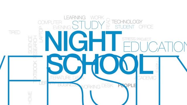 Night school animated word cloud, text design animation. Kinetic typography.