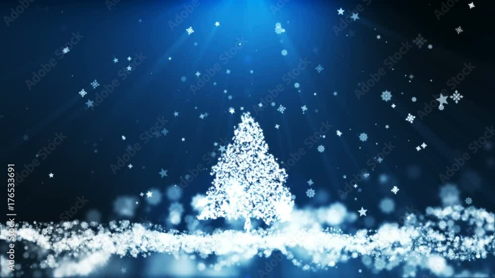 Poster animation motion background, the particle merges into a christmas tree shape with light ray beam.