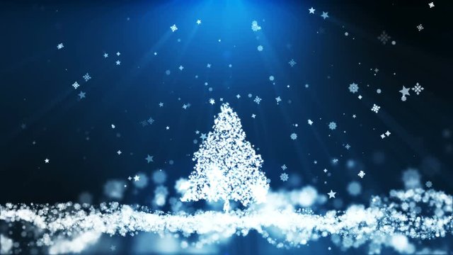 Animation motion background, The particle merges into a Christmas tree shape with light ray beam.
