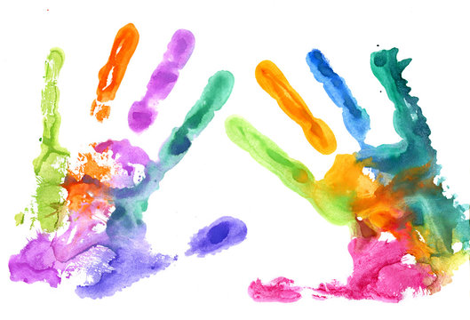 Multicolored hand prints on white