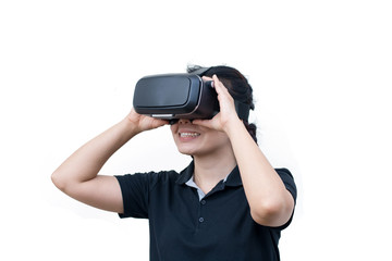 young casual woman using Virtual reality headset isolated on white