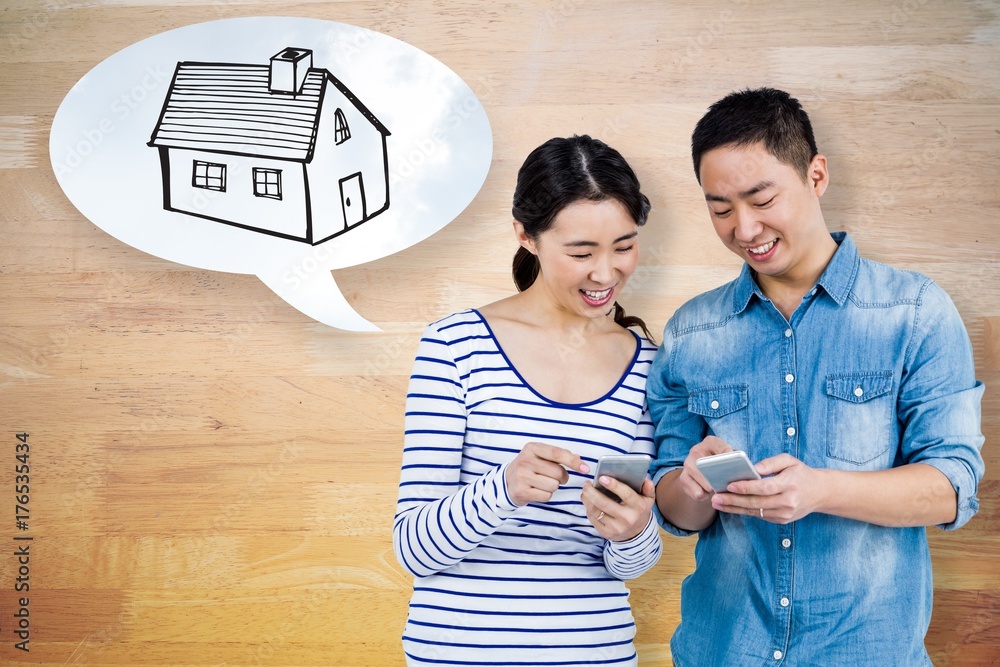Poster composite image of couple using smartphone