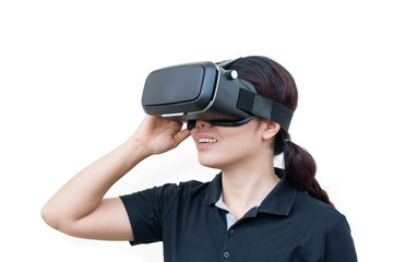 young casual woman using Virtual reality headset isolated on white