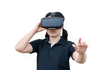 young casual woman using Virtual reality headset isolated on white