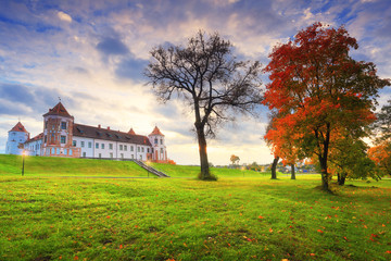 Mir castle complex in autumn evening