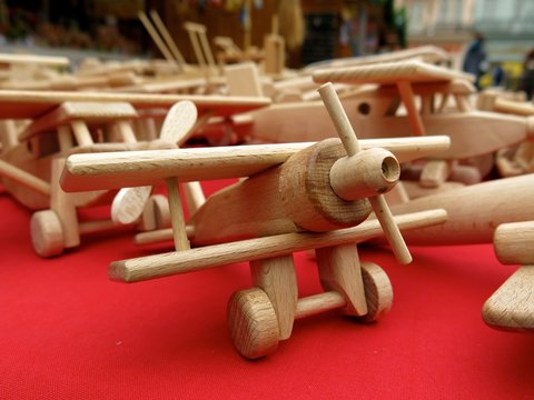 wooden toy airplanes at Christmas market in Pilsen, Czech Republic