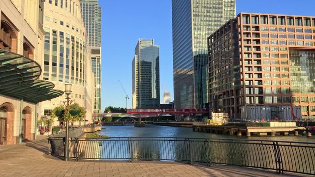 LONDON - SEPTEMBER 2016: Train speed up in Canary Wharf. Canary Wharf is the business district of London.