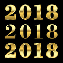 Happy New Year golden numbers. Gold numbers 2018 on black background. Christmas and New Year design. Symbol of holiday, celebration. Luxury golden texture. Vector illustration