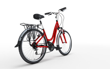 Obraz na płótnie Canvas 3d illustration. Women's red bike looks to the right isolated on white background. Rear view. Sport concept