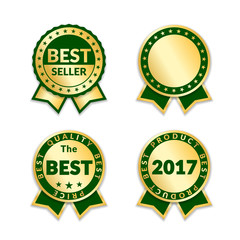 Ribbon awards best seller of year 2017 set. Gold ribbon award icons isolated white background. Best product golden label for prize, badge, medal, guarantee quality product Vector illustration