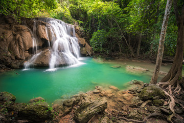 Fototapeta na wymiar Waterfall in Thailand, called Huay or Huai mae khamin in Kanchanaburi Provience