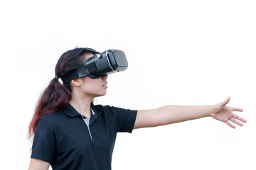 young casual woman using Virtual reality headset isolated on white