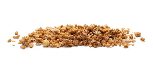 Crunchy granola, muesli pile with nuts isolated on white background