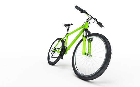 Green bike goes to the right isolated on white background. Sport concept