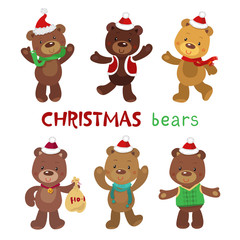 Set of Cute Christmas Bears. Vector illustration on White Background