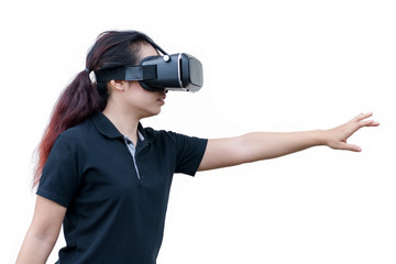 Fototapeta premium young casual woman using Virtual reality headset isolated on white