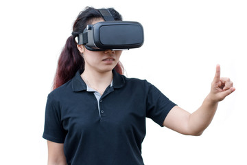 young casual woman using Virtual reality headset isolated on white