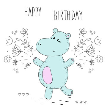happy birthday card with funny hippo in vector.