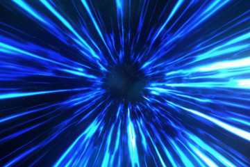 3d illustration with wormhole interstellar travel through a blue force field with galaxies and...