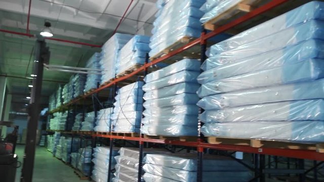 mats production, mattress warehouse on production, skidder for mattresses, modern factory, mattresses in stock, general plan, interior