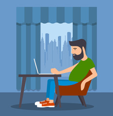 Man at computer in home setting vector illustration.