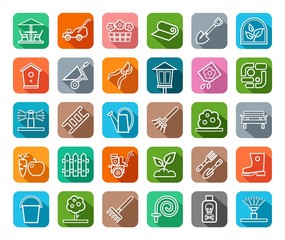 Landscape design, icons, line, color, vector. Arrangement of land. Equipment for horticulture. White, contour icons on color background with a shadow. 
