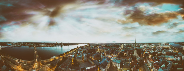 Panoramic aerial view of Riga skyline at dusk, Latvia