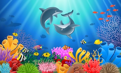 Fototapeta na wymiar Dolphin cartoon with underwater view and coral background. Vector Illustration.