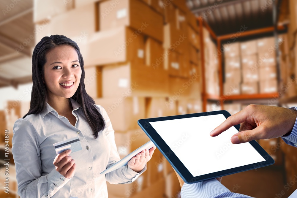 Poster composite image of man using tablet pc