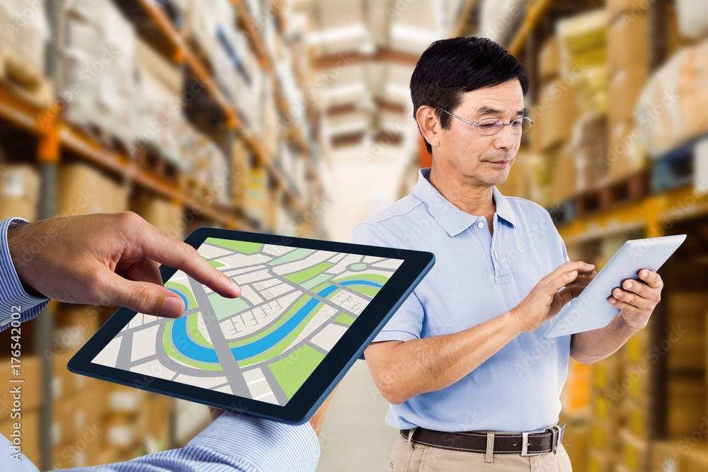 Poster composite image of man using tablet pc