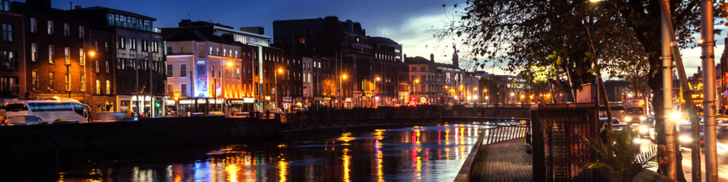 Embankment of Liffey River in Dublin, Ireland. Night view