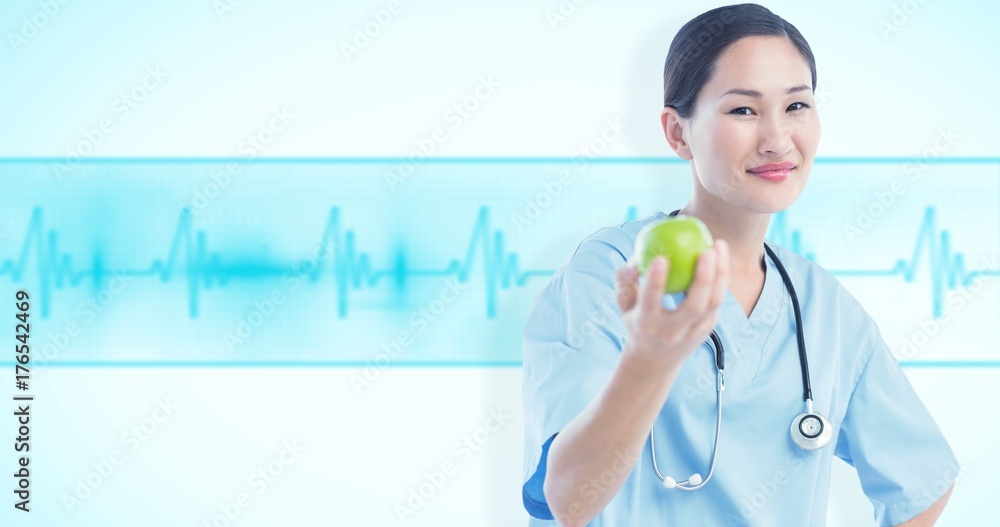 Poster composite image of smiling surgeon holding an apple with