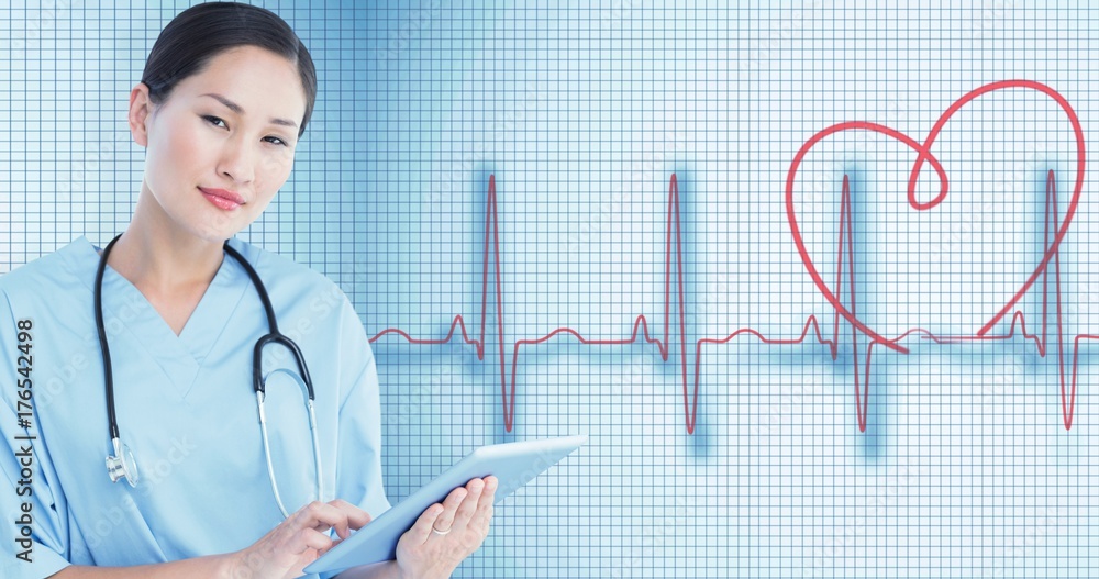 Poster composite image of surgeon using digital tablet with group