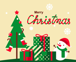 Christmas Greeting Card Vector Design  with Cute Snow Man and Other Elements