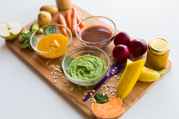 vegetable puree or baby food in glass bowls