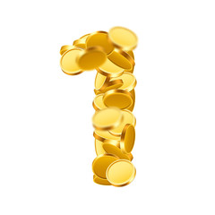 Vector font style made of golden coins. Coin numbers. Number 1. One.