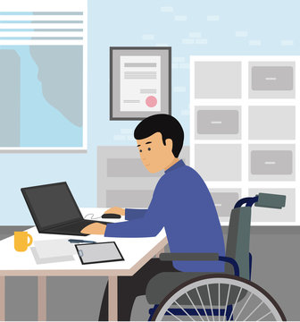 Handicapped businessman sitting on wheelchair and using computer in office. Disable person concept illustration vector.