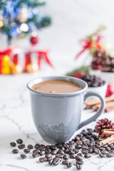 hot coffee cup with christmas decoration